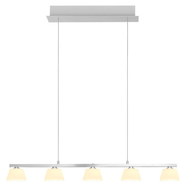 Suspension cinq abat-jours opales sur barre horizontale, vue de face sur fond blanc