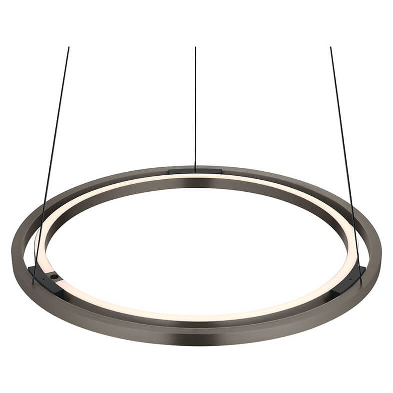 Plan rapproché de l'anneau lumineux suspendu, ruban LED blanc diffus sur tout le pourtour.