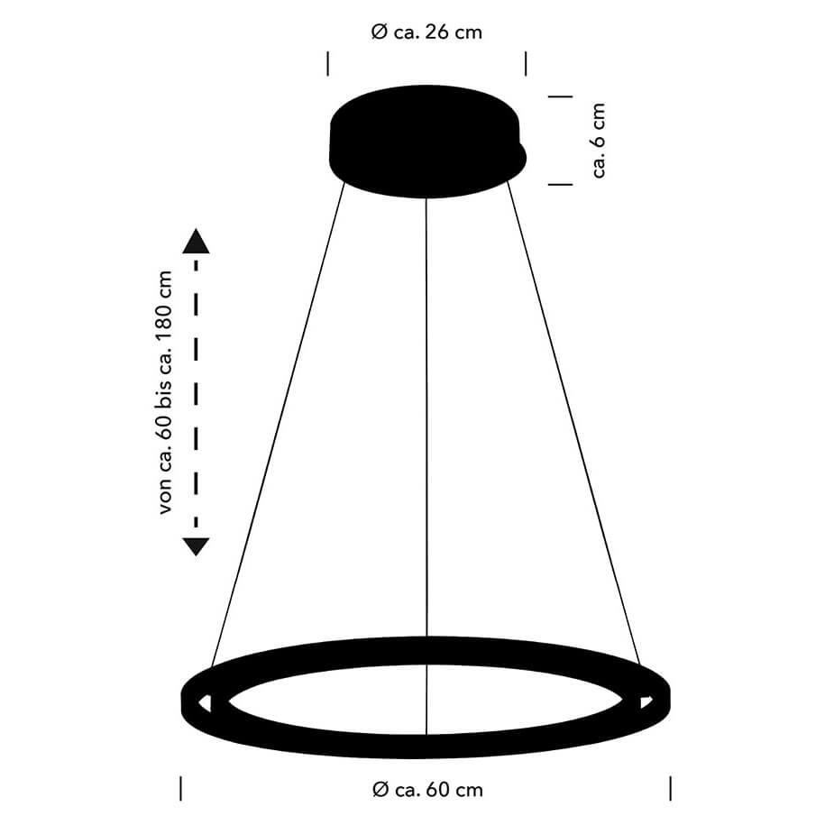 Schéma technique coté : rosace 26 cm, anneau 60 cm, hauteur réglable de 60 à 180 cm.