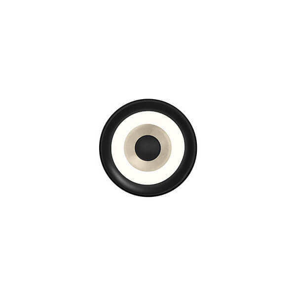 Vue de face de l'applique circulaire, anneaux concentriques noir et beige, centre sombre
