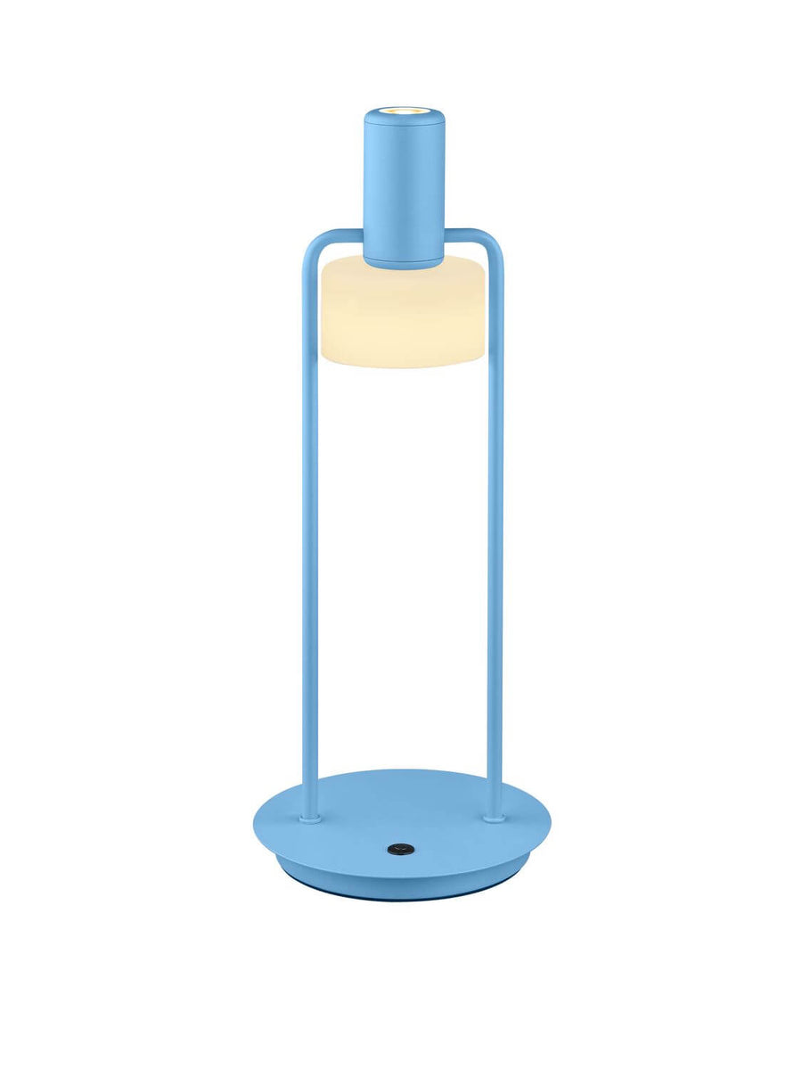 Lampe bleue redressée, montrant la base ronde et son bouton tactile noir