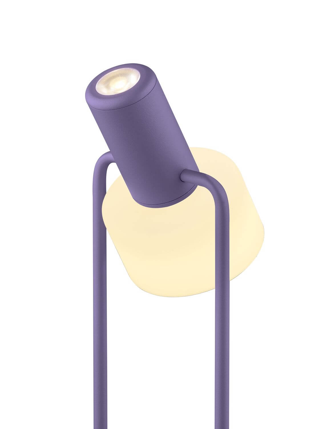 Gros plan sur la tête cylindrique violette et l'abat-jour diffusant une lumière chaude.