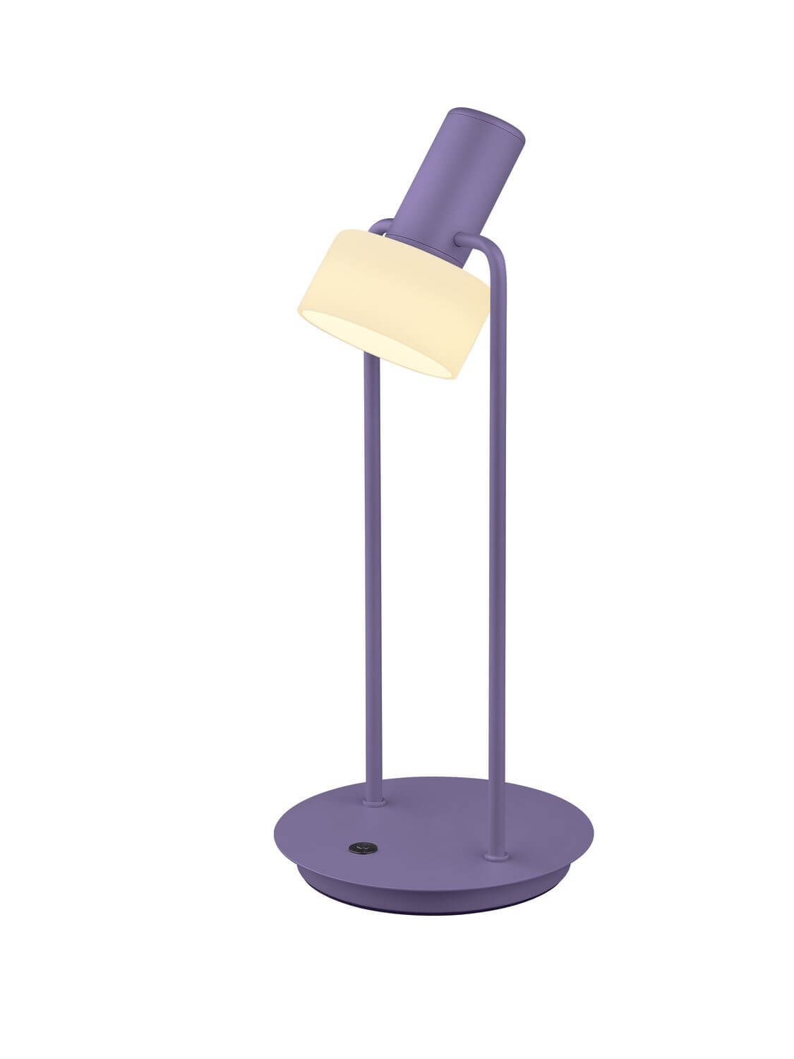 Lampe à poser violette vue de trois quarts, tête inclinée et base ronde plate.