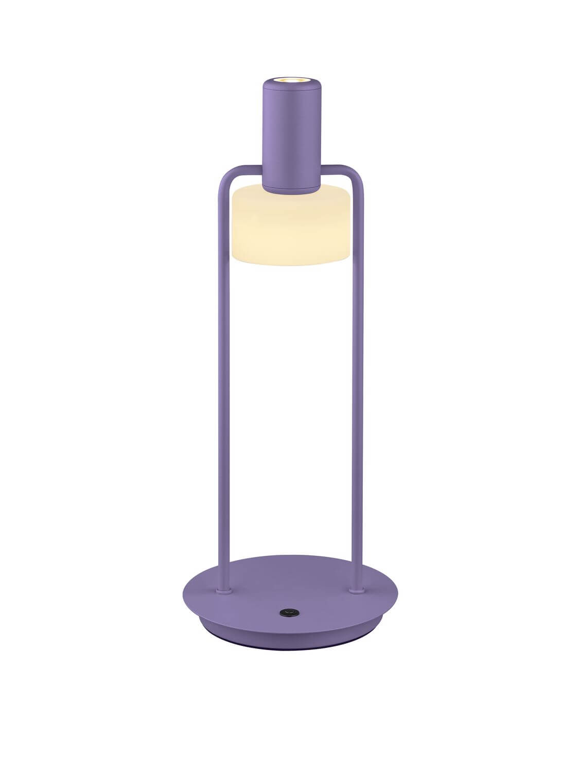 Vue de face de la lampe, tête inclinée vers le bas au-dessus de la base.