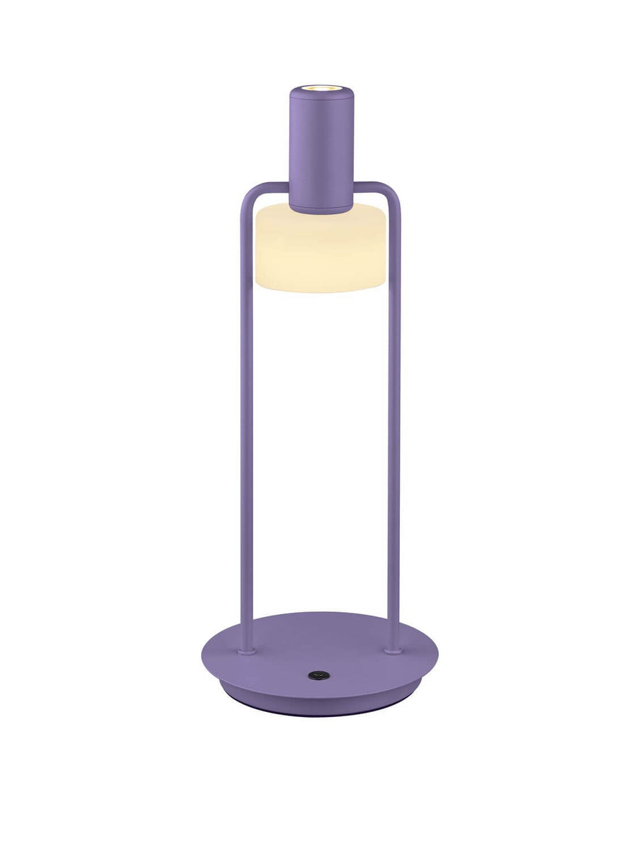 Vue de face de la lampe, tête inclinée vers le bas au-dessus de la base.
