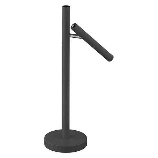 Vue en pied de la lampe noire, montrant le socle rond et la tige verticale.