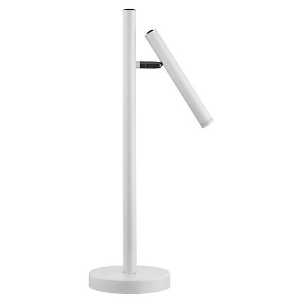 Lampe à poser blanche de profil avec tige verticale et tête cylindrique inclinée