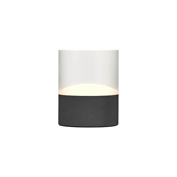 Lampe à poser cylindrique, base noire texturée et diffuseur translucide éclairé, vue de face.