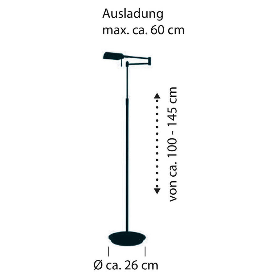 Schéma de dimensions : hauteur réglable 100 à 145 cm, base de 26 cm.