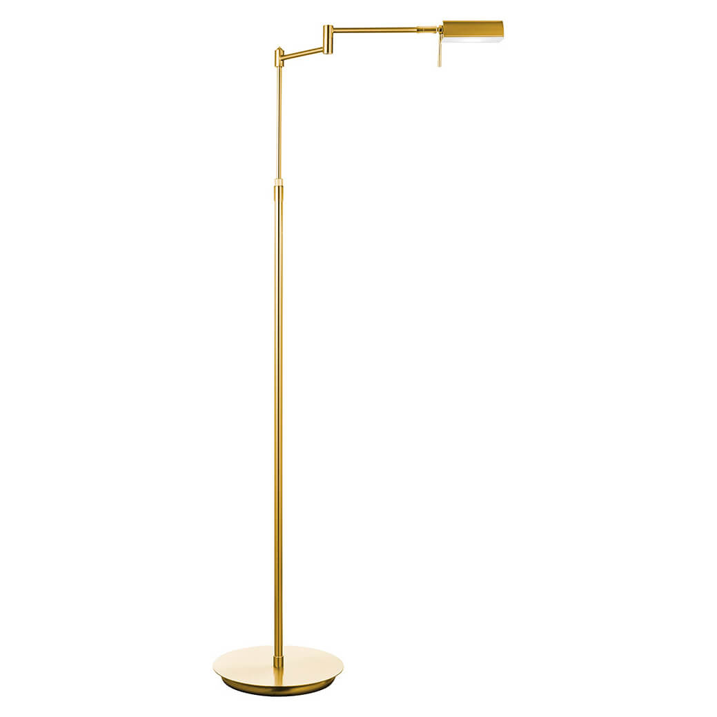Lampadaire en laiton brossé avec bras articulé et tête orientable, vu de face.