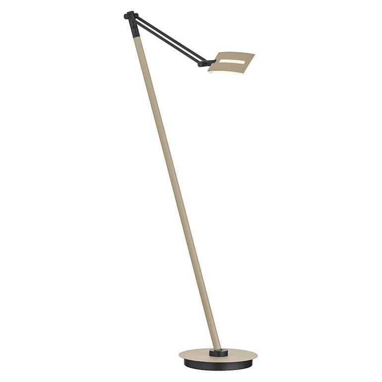 Vue inclinée du lampadaire montrant la tige beige et le réflecteur rectangulaire.