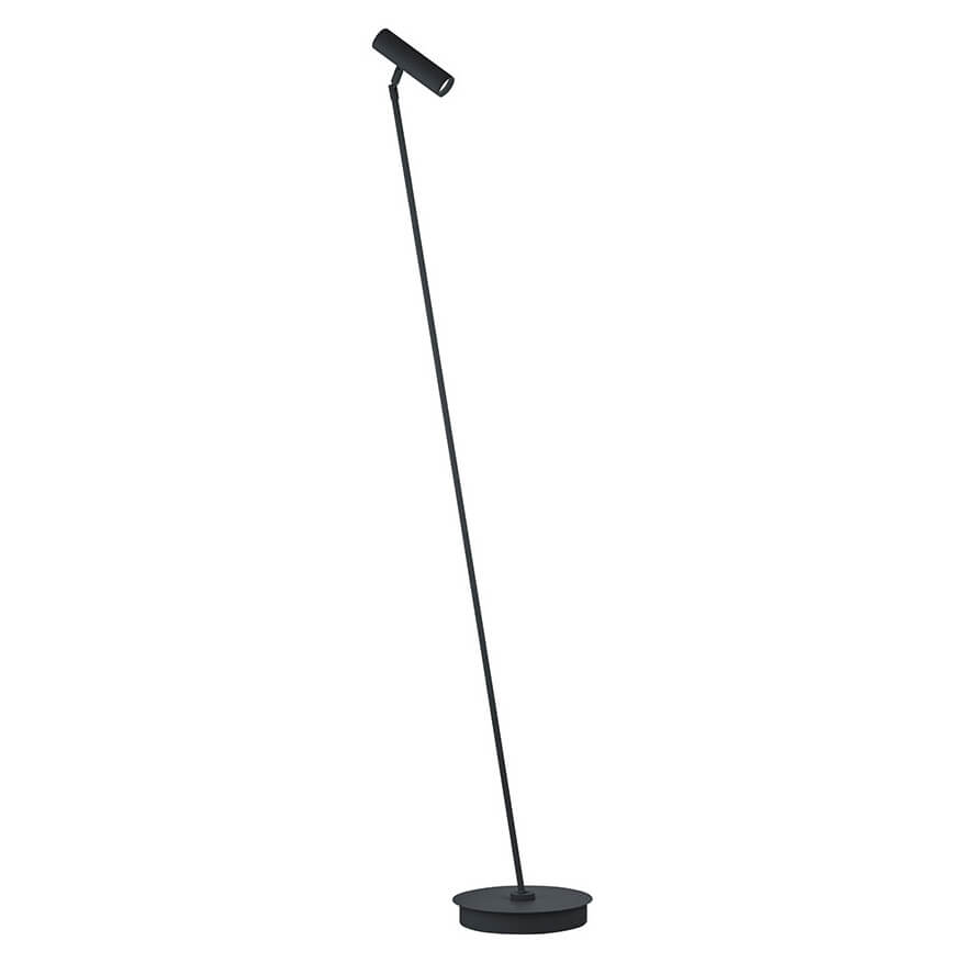 Vue de profil du lampadaire noir, tige fine inclinée et réflecteur cylindrique en haut