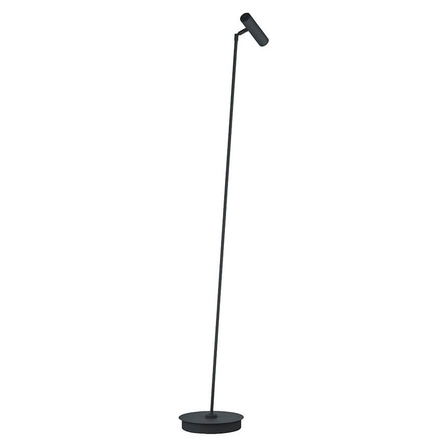Lampadaire noir vertical avec tête cylindrique orientable et base ronde peu épaisse