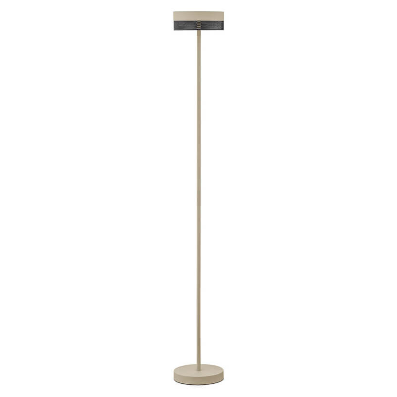Lampe beige sur pied vue de face, tête cylindrique et fine tige verticale