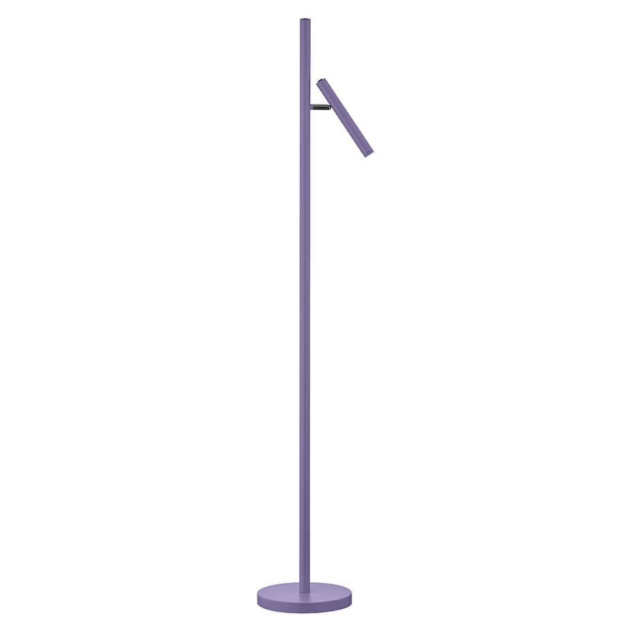 Lampadaire extérieur violet vu de face, mât vertical et projecteur incliné
