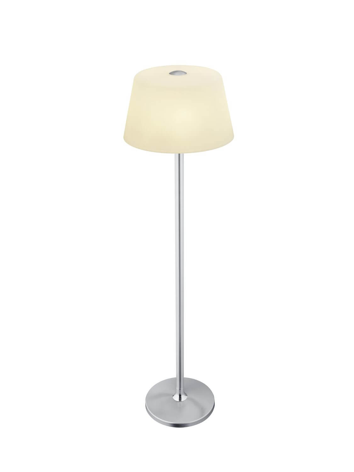 Vue en plongée du lampadaire, dessus d'abat-jour ivoire et reflet sur la base.