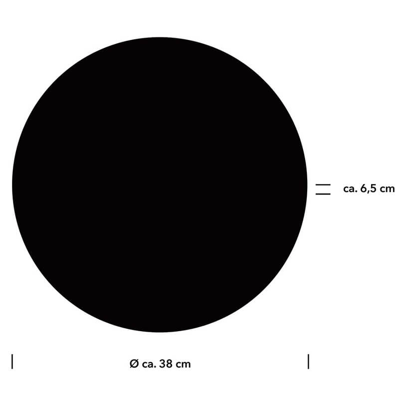 Schéma de dimensions indiquant un diamètre de 38 cm et 6,5 cm d'épaisseur