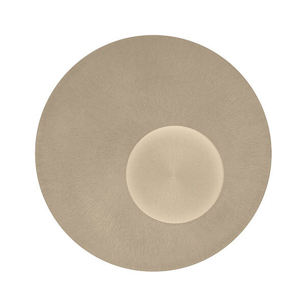 Plafonnier rond beige vu de face, surface brossée en cercles concentriques
