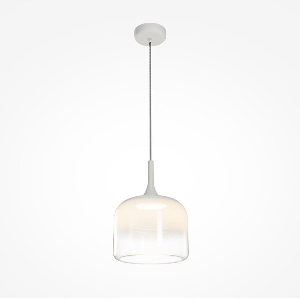 Luminaire suspendu blanc complet, verre cloche et câble tressé, sur fond neutre.