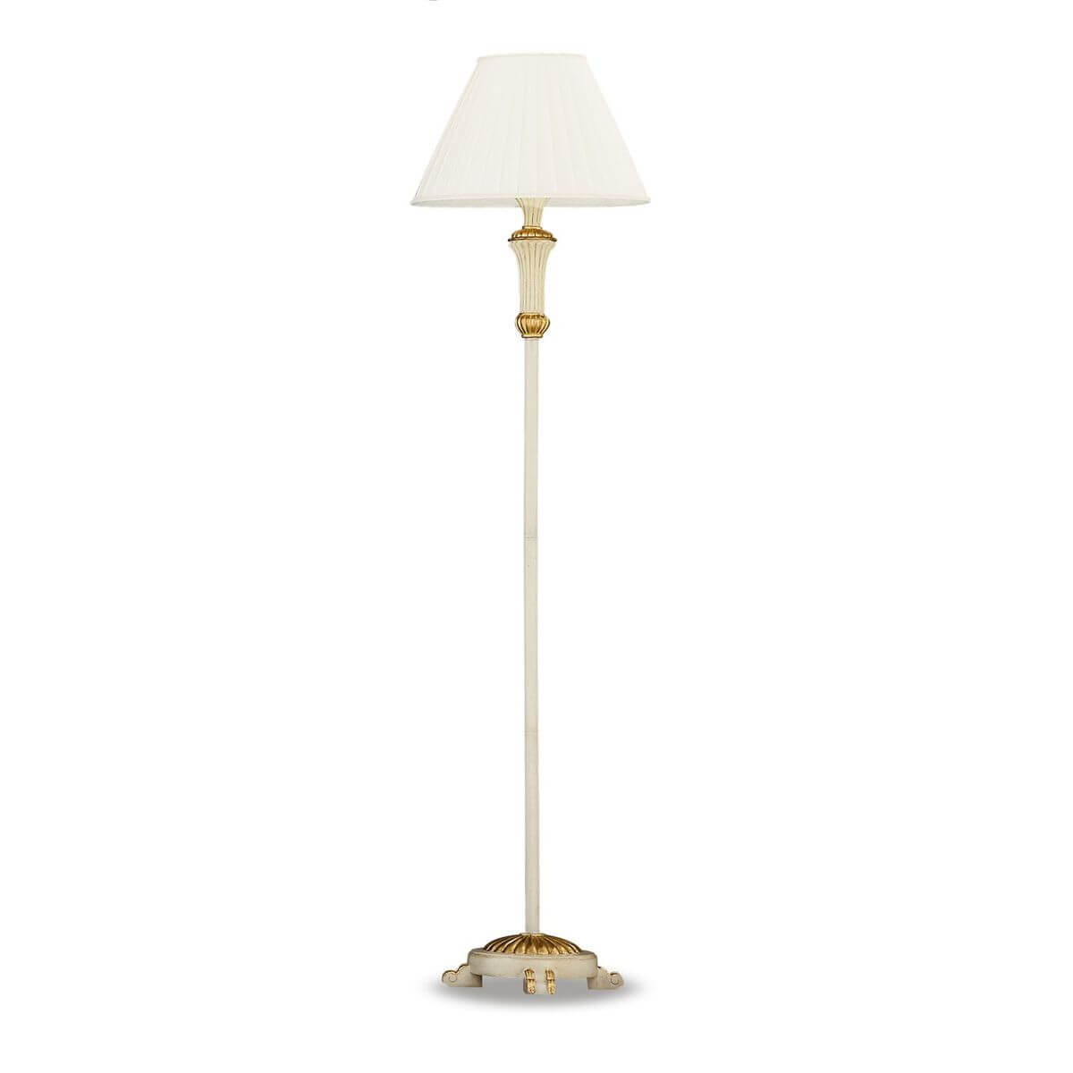 Lampadaire blanc avec abat-jour en tissu et base dorée ornée, vue de face sur fond blanc.