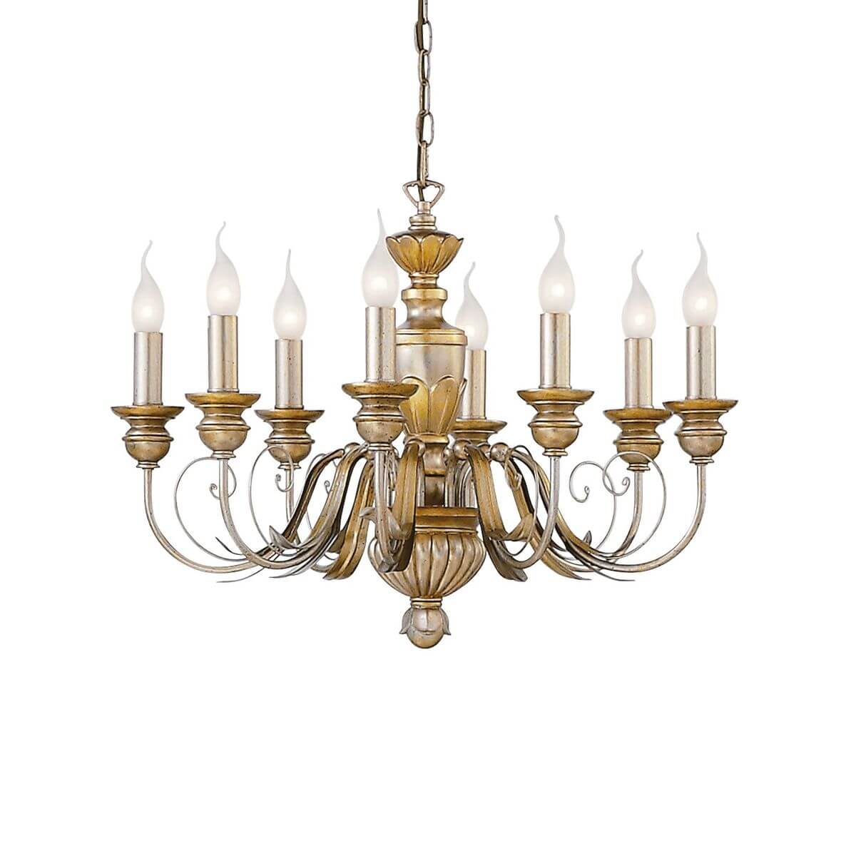 Lustre doré à huit bras courbes, ampoules flamme, vue de face sur fond blanc