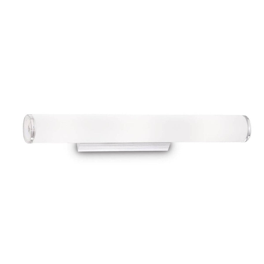 Applique murale blanche en verre, tube horizontal allongé, vue de face sur fond blanc