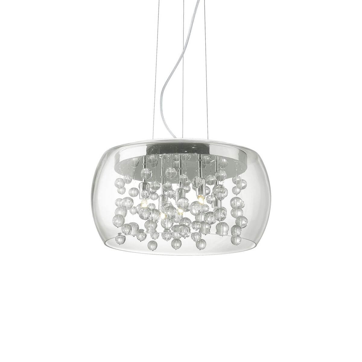 Suspension en verre transparent avec billes cristallines, présentée de face sur fond blanc.