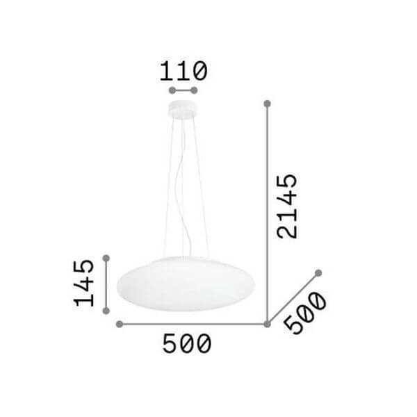 Schéma coté du luminaire indiquant diamètre 500 mm, hauteur 2145 et 145 mm