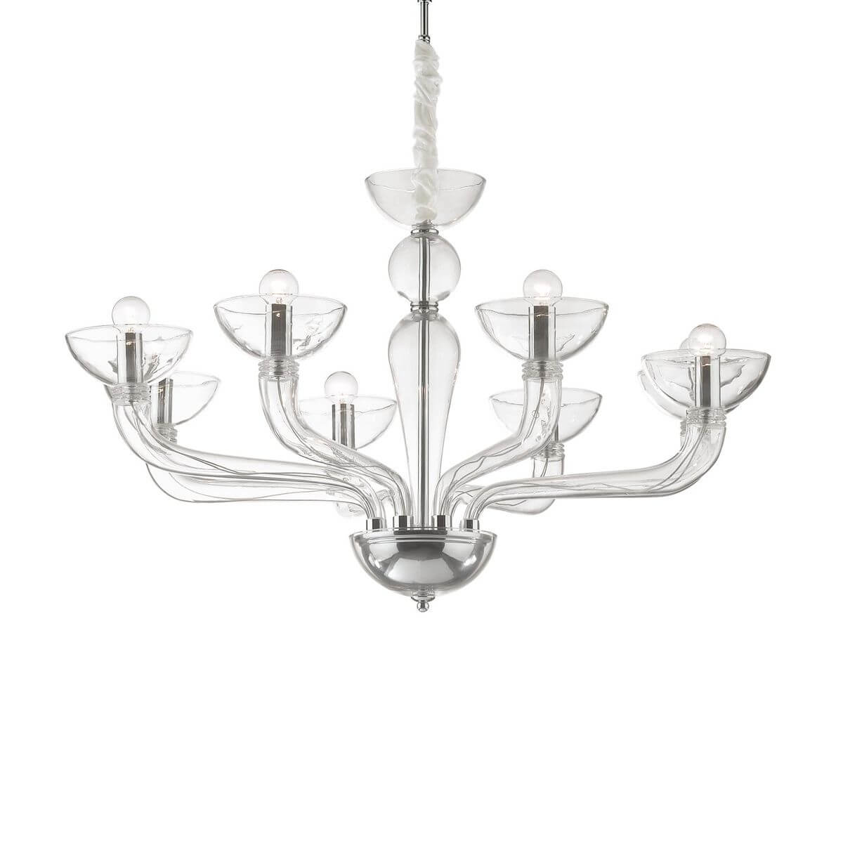 Suspension de verre transparent à huit bras, présentée de face sur fond blanc