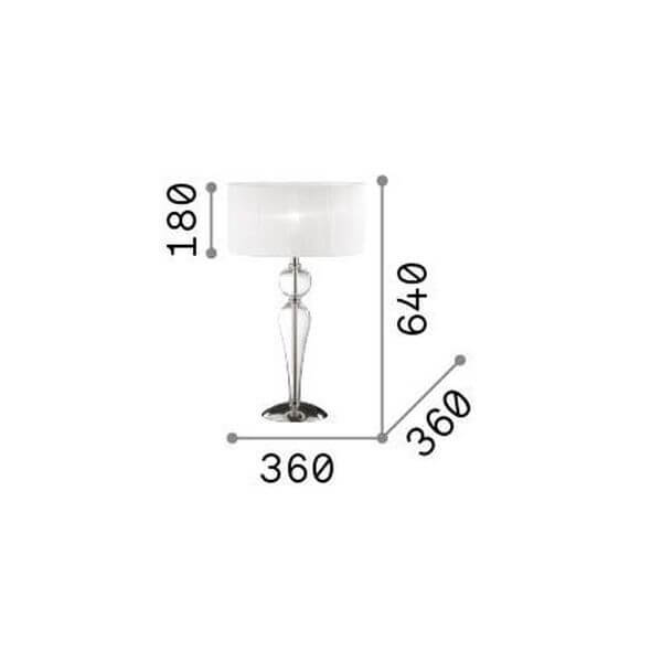 Schéma de dimensions de la lampe : hauteur 640 mm, largeur 360 mm et abat-jour 180 mm