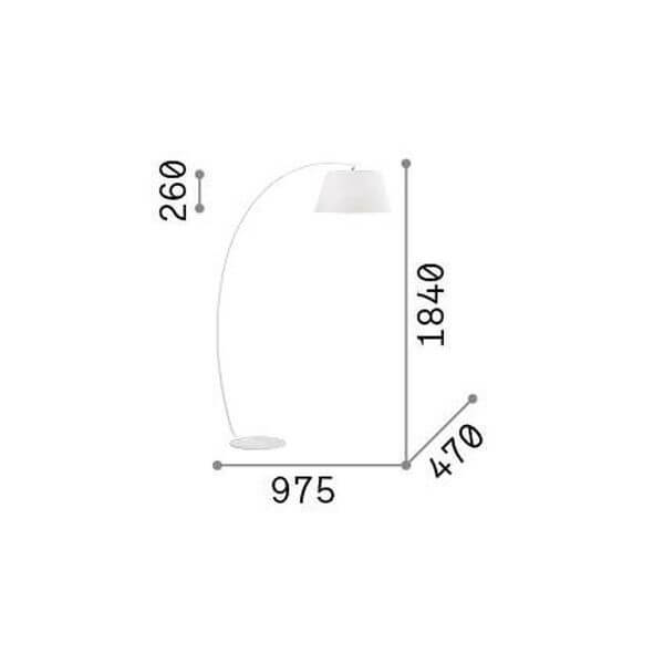Schéma de dimensions du lampadaire avec hauteur, largeur, profondeur et pied.