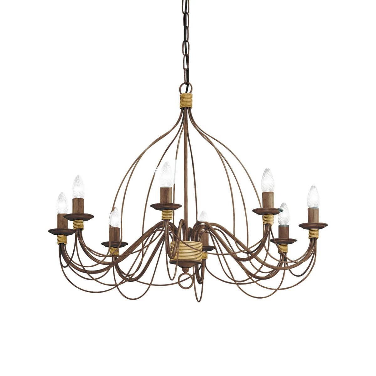 Suspension rustique huit lumières, bras métalliques courbes et détails en cordage tressé