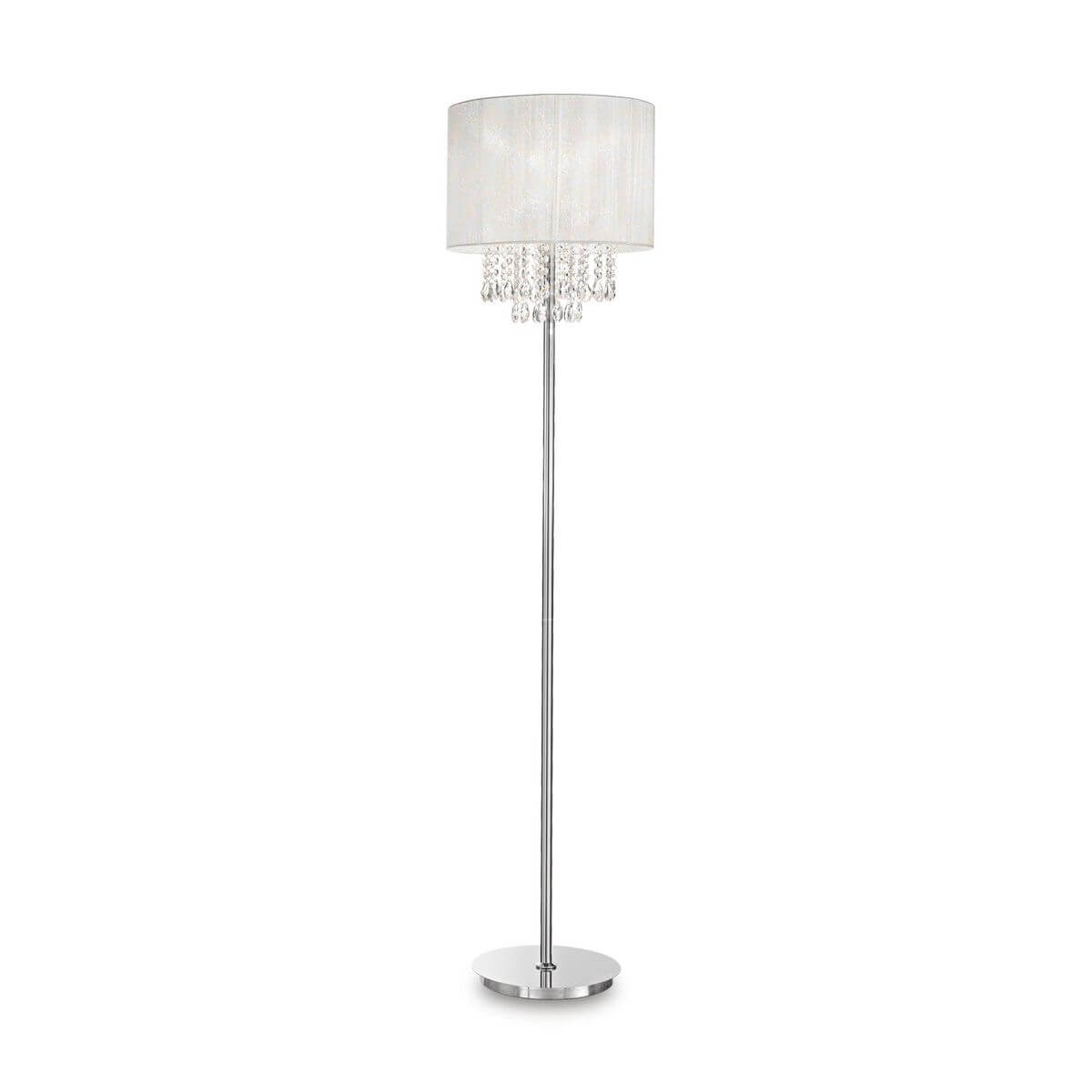 Lampadaire blanc de face avec abat-jour cylindrique et cristaux suspendus