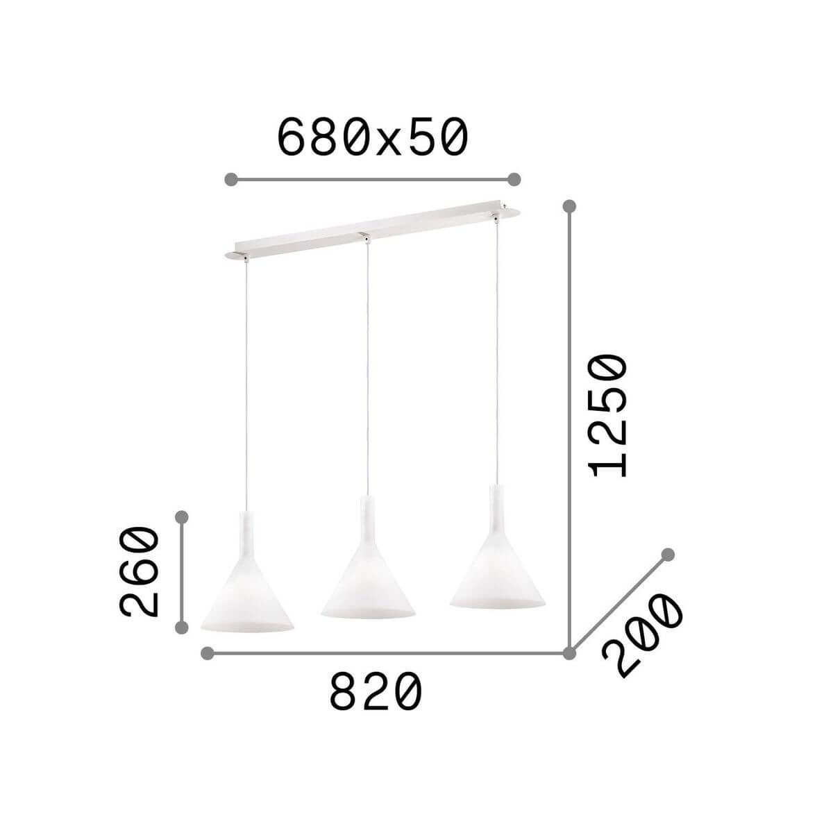 Schéma de dimensions cotées du luminaire, largeur 820 mm et hauteur 1250 mm