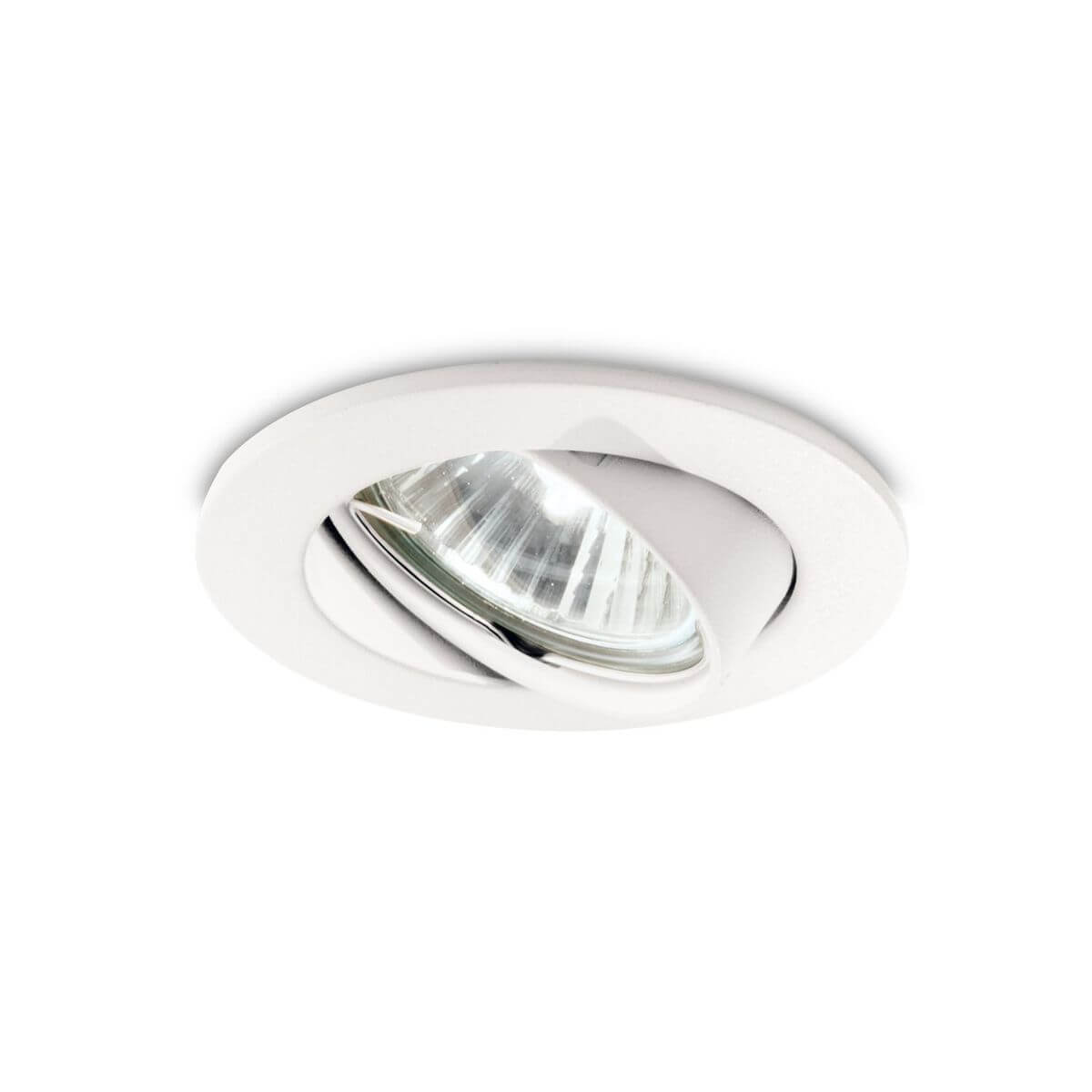 Spot encastrable blanc orientable vu de face, collerette circulaire et réflecteur en verre strié