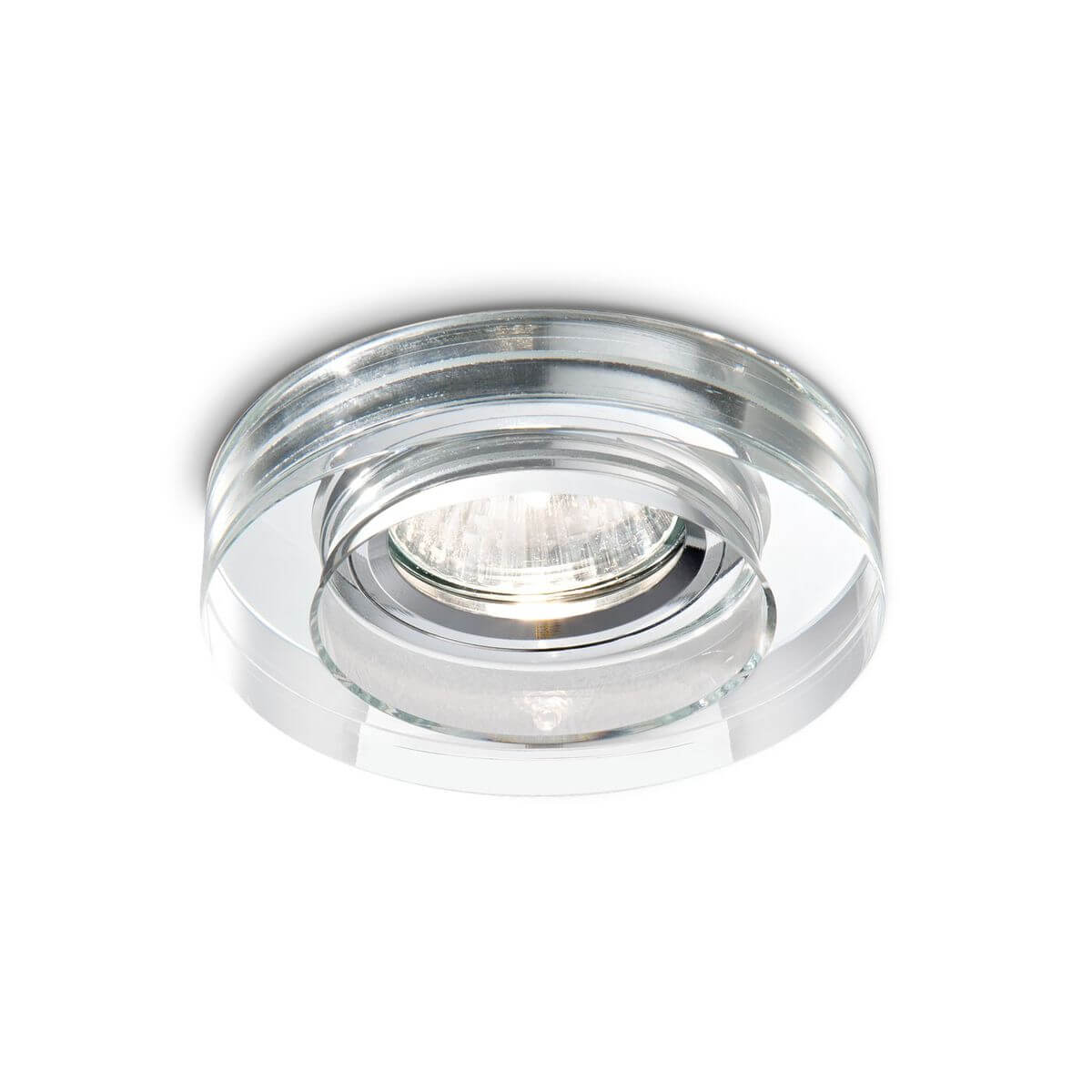 Vue de face du spot encastrable rond en verre transparent, éclairage allumé au centre