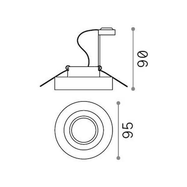Schéma technique coté montrant la profondeur de 90 mm et le diamètre de 95 mm
