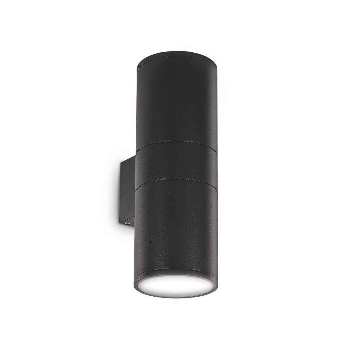 Applique murale noire cylindrique avec deux éclairages, vue de face sur fond blanc.
