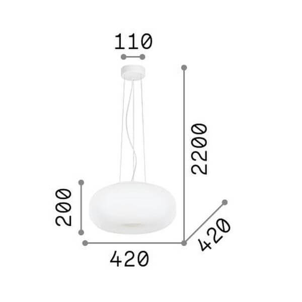Schéma coté du luminaire : diamètre 420 mm, hauteur 200 mm, suspension 2200 mm