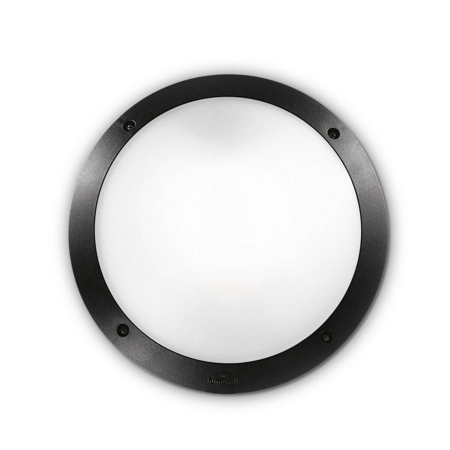 Applique ronde noire vue de face, diffuseur blanc opale et vis de fixation apparentes