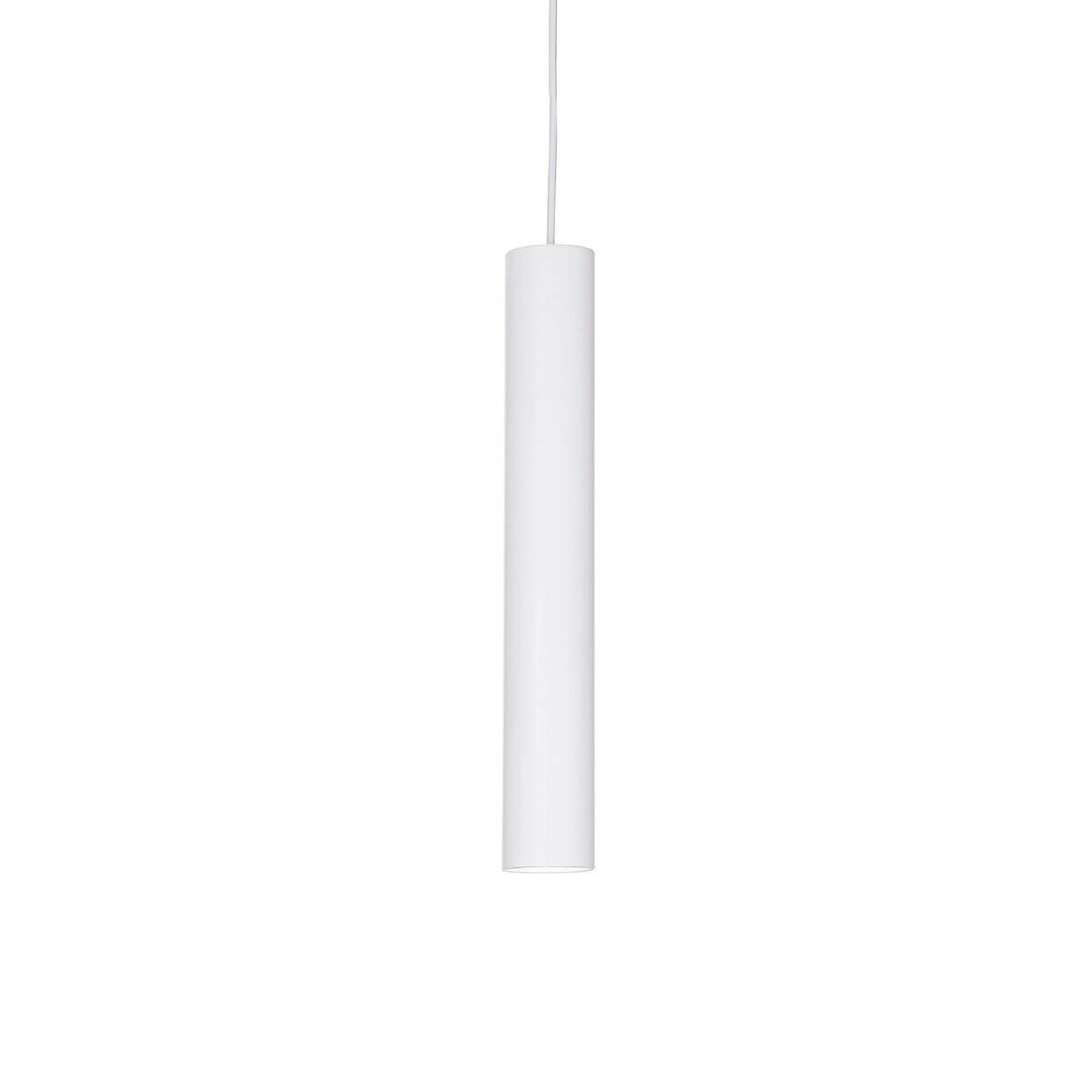 Suspension blanche en forme de long tube cylindrique, vue de face sur fond blanc