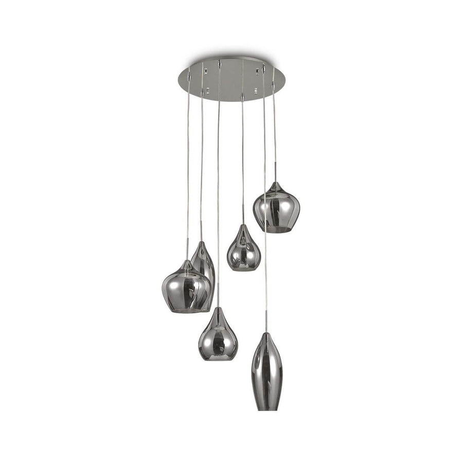 Suspension six lumières en verre fumé, formes gouttes suspendues sur fond blanc