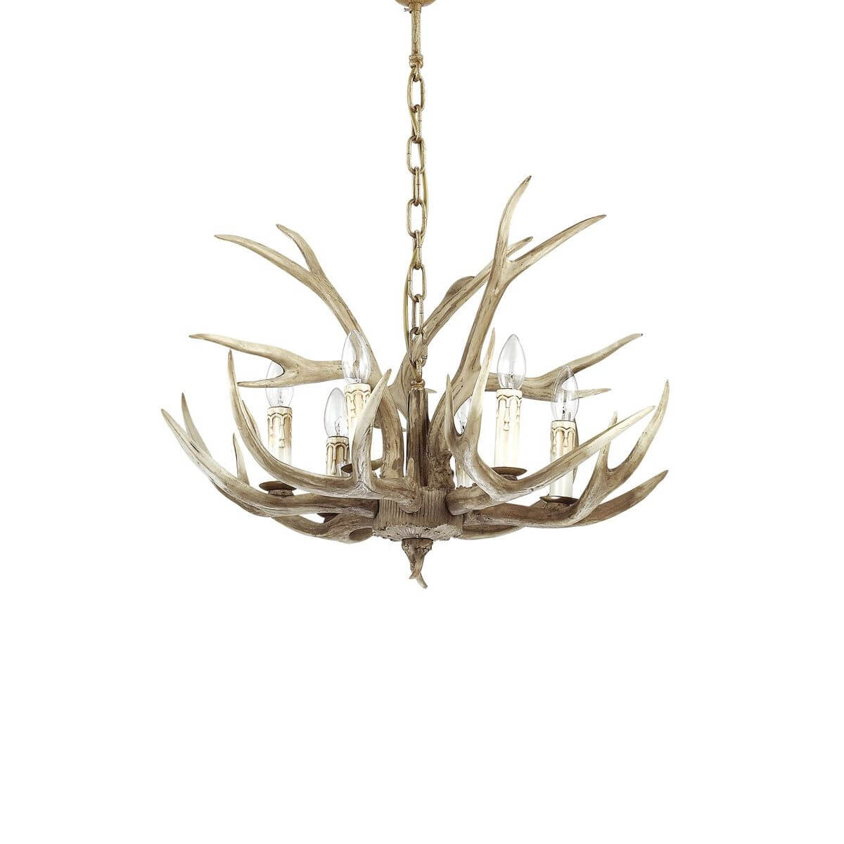 Suspension six lumières aux branches façon bois de cerf, finition beige clair, fond blanc