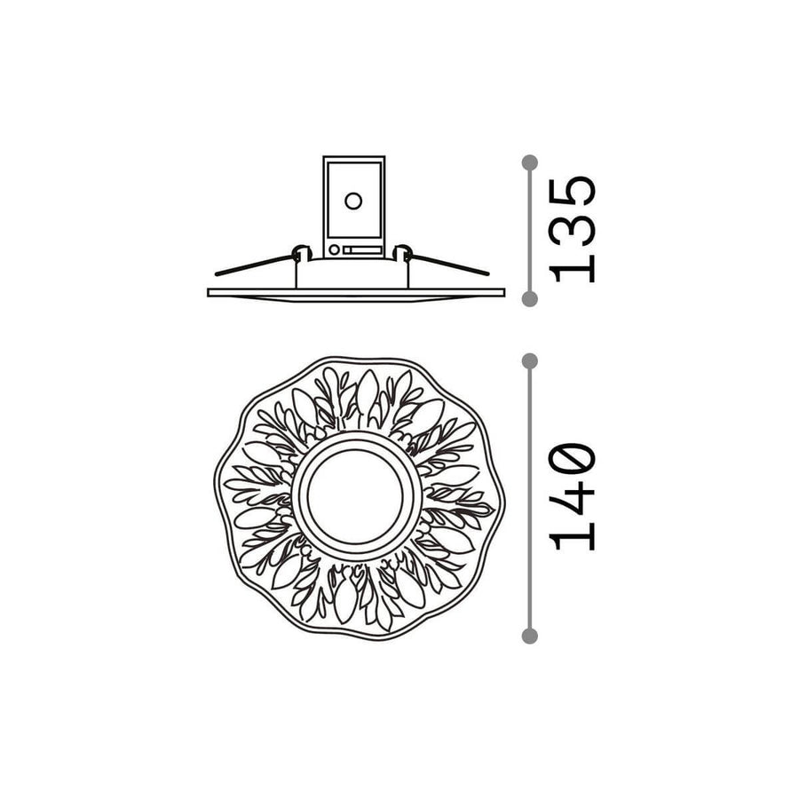 Schéma technique coté du spot : hauteur 135 mm et diamètre 140 mm