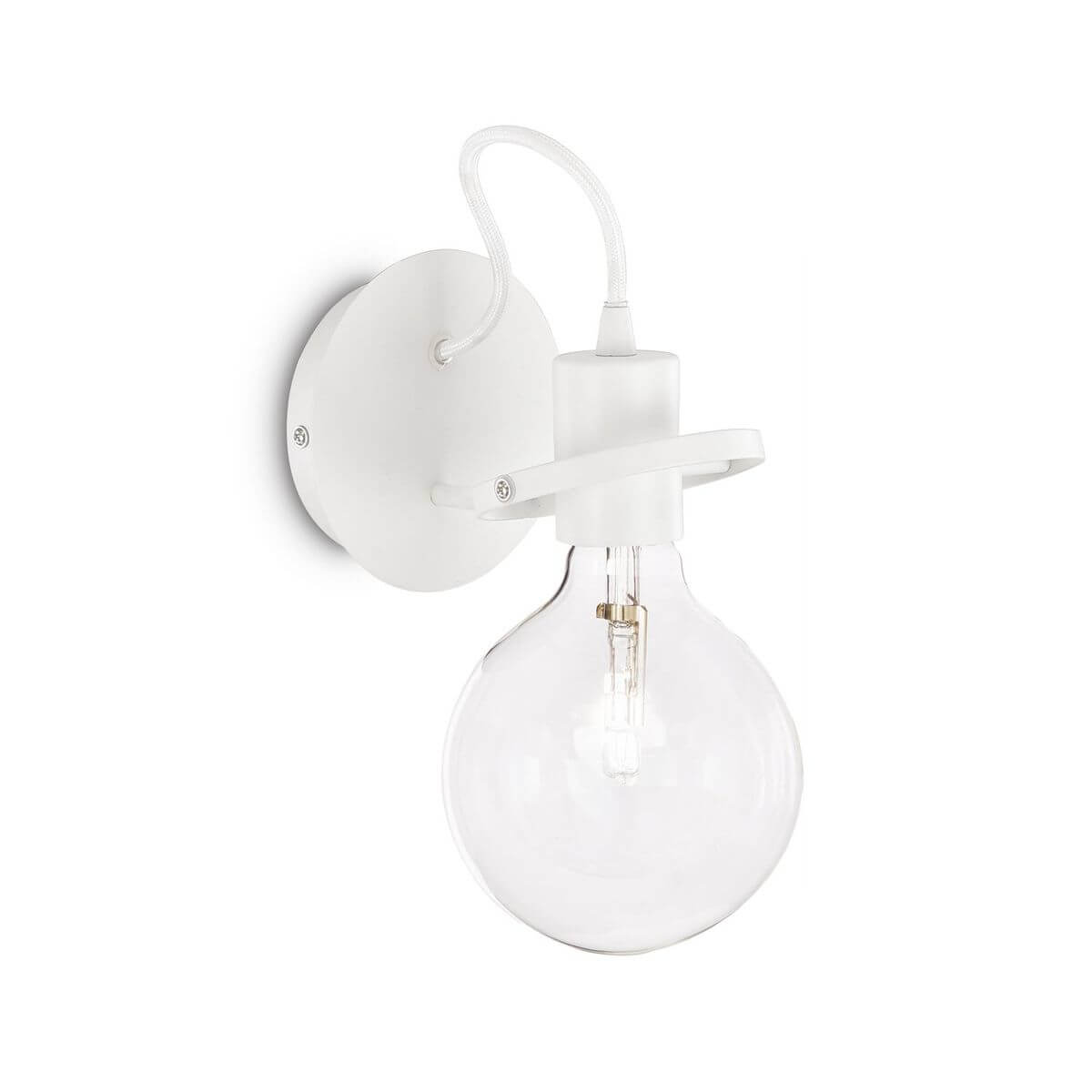 Applique murale blanche avec cordon textile et ampoule globe en verre transparent, vue de face