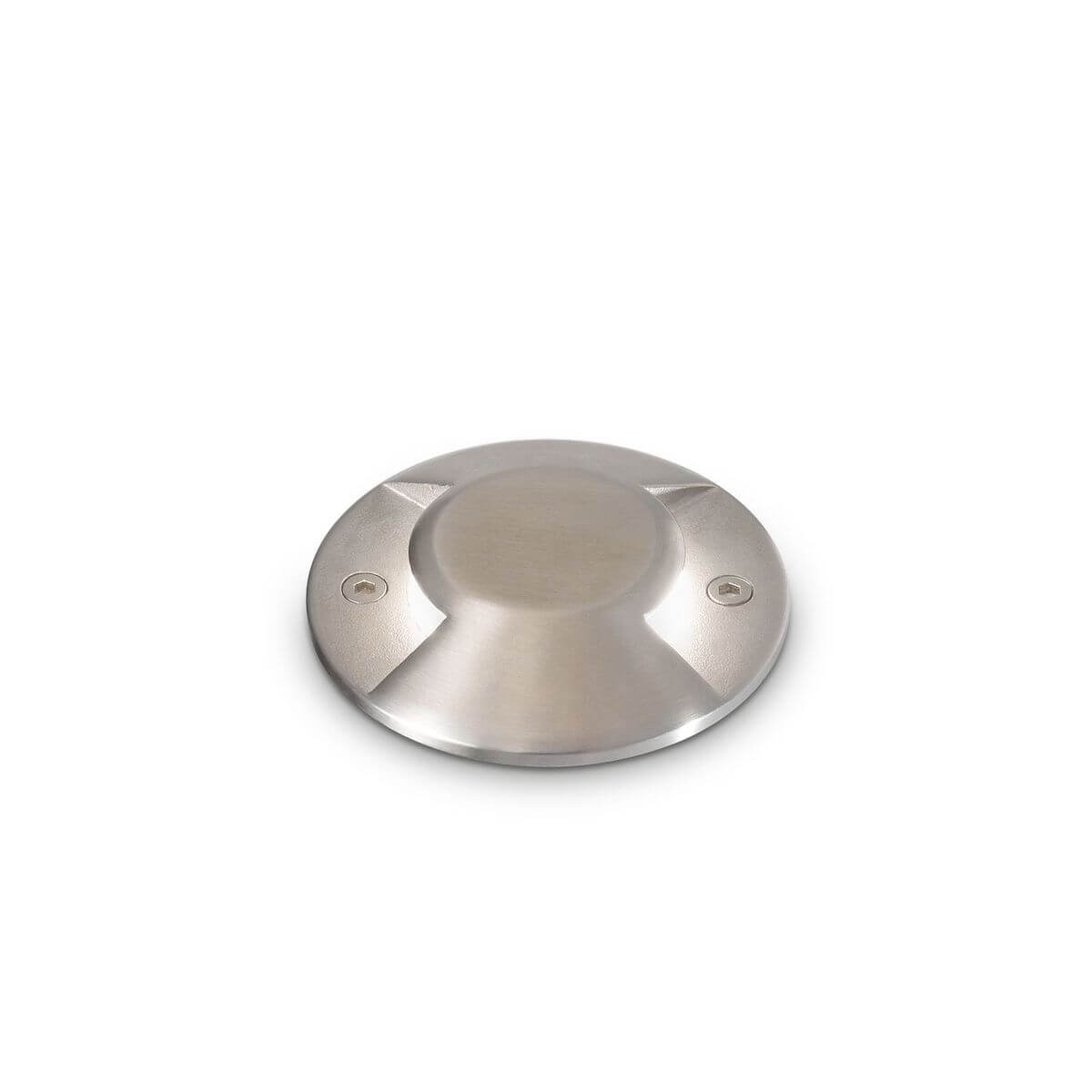 Luminaire encastré rond en acier inoxydable, vue de face sur fond blanc