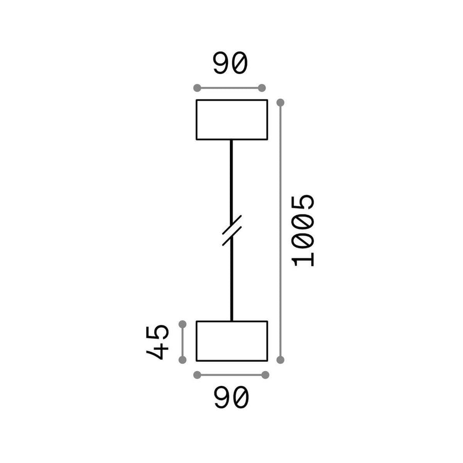 Schéma coté du luminaire indiquant diamètre 90 mm et hauteur totale 1005 mm