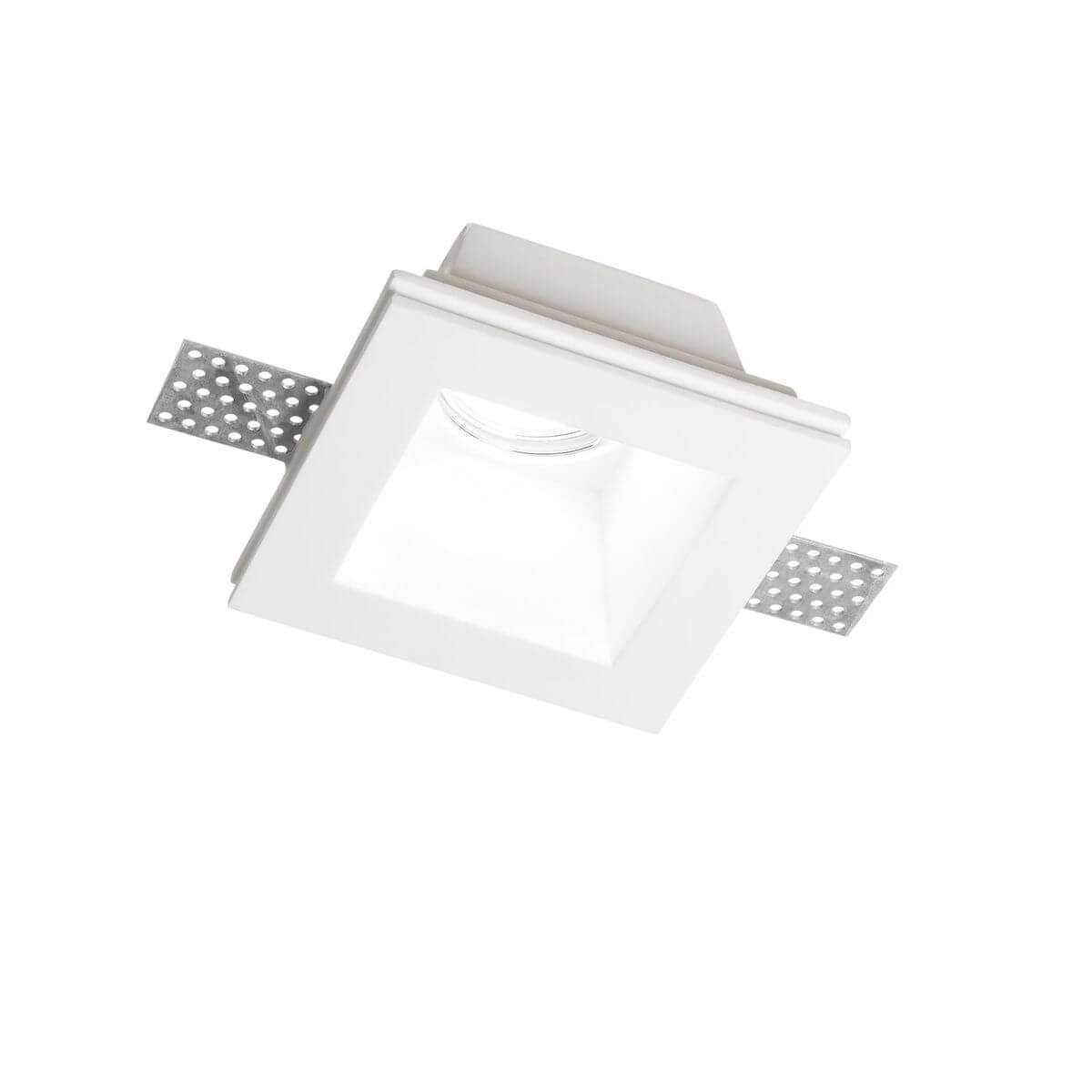 Spot encastrable carré blanc avec ressorts de fixation, vue trois quarts.