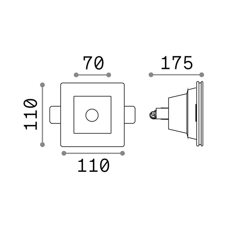 Schéma technique du spot avec cotes : 110 mm, 70 mm et 175 mm.