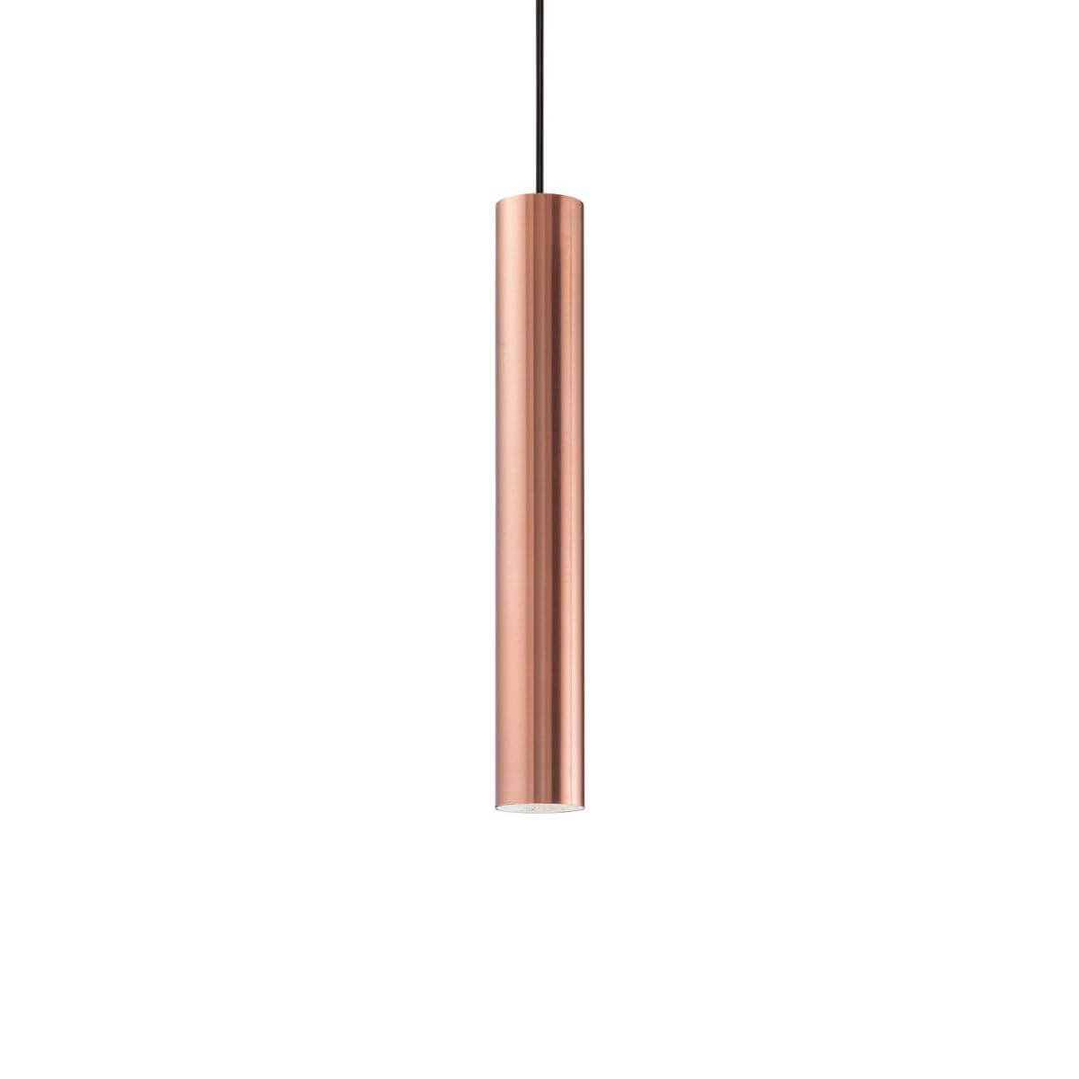 Suspension cylindrique en métal cuivré, vue de face avec cordon noir sur fond blanc.